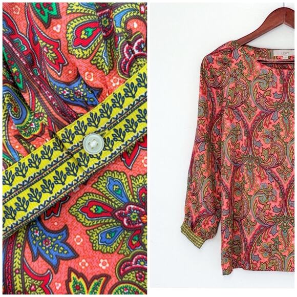LOFT Paisley Satin Long Sleeve Blouse Boho Colorful Office Festive Red Green XS - Picture 1 of 7